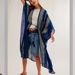 Free People NWT Blue/Green Tie Close Duster Kimino Robe Coverup O/S